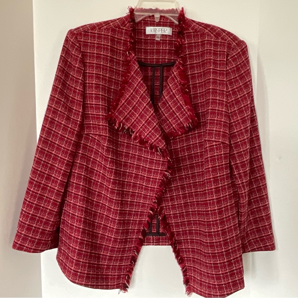 Kasper Red Tweed Fringe Open-Front Jacket Size Large